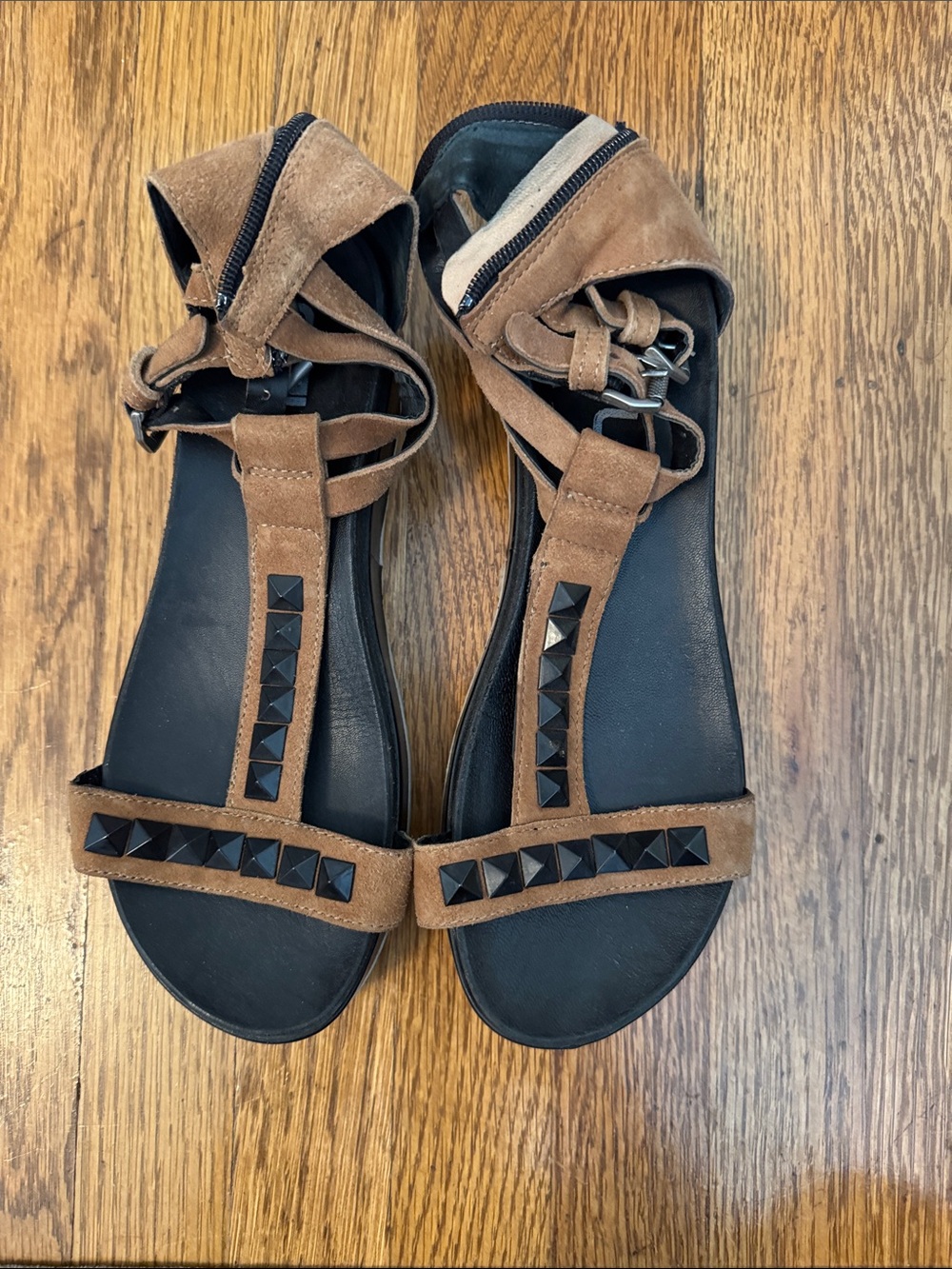 Women’s Brown Suede Studded T-Strap Sandals